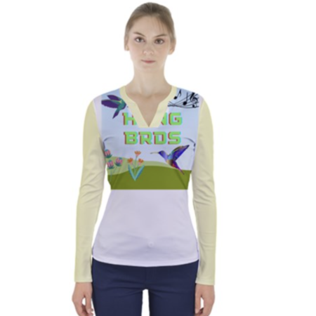 HMNG BRDS Women's Logo V Neck Long Sleeve Shirt - Yellow